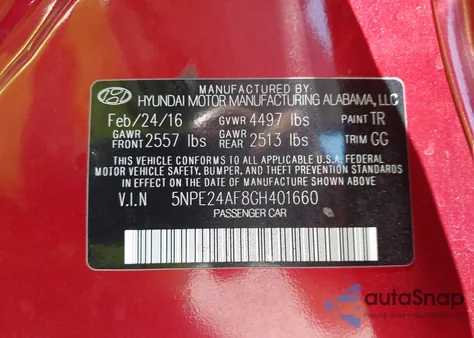 2016 Hyundai Sonata Se from USA, damaged, VIN 5NPE24AF8GH401660